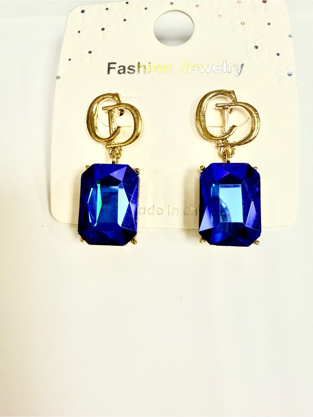 Fashion Jewelry Gold-Tone Earrings with Deep Blue Gem Drops